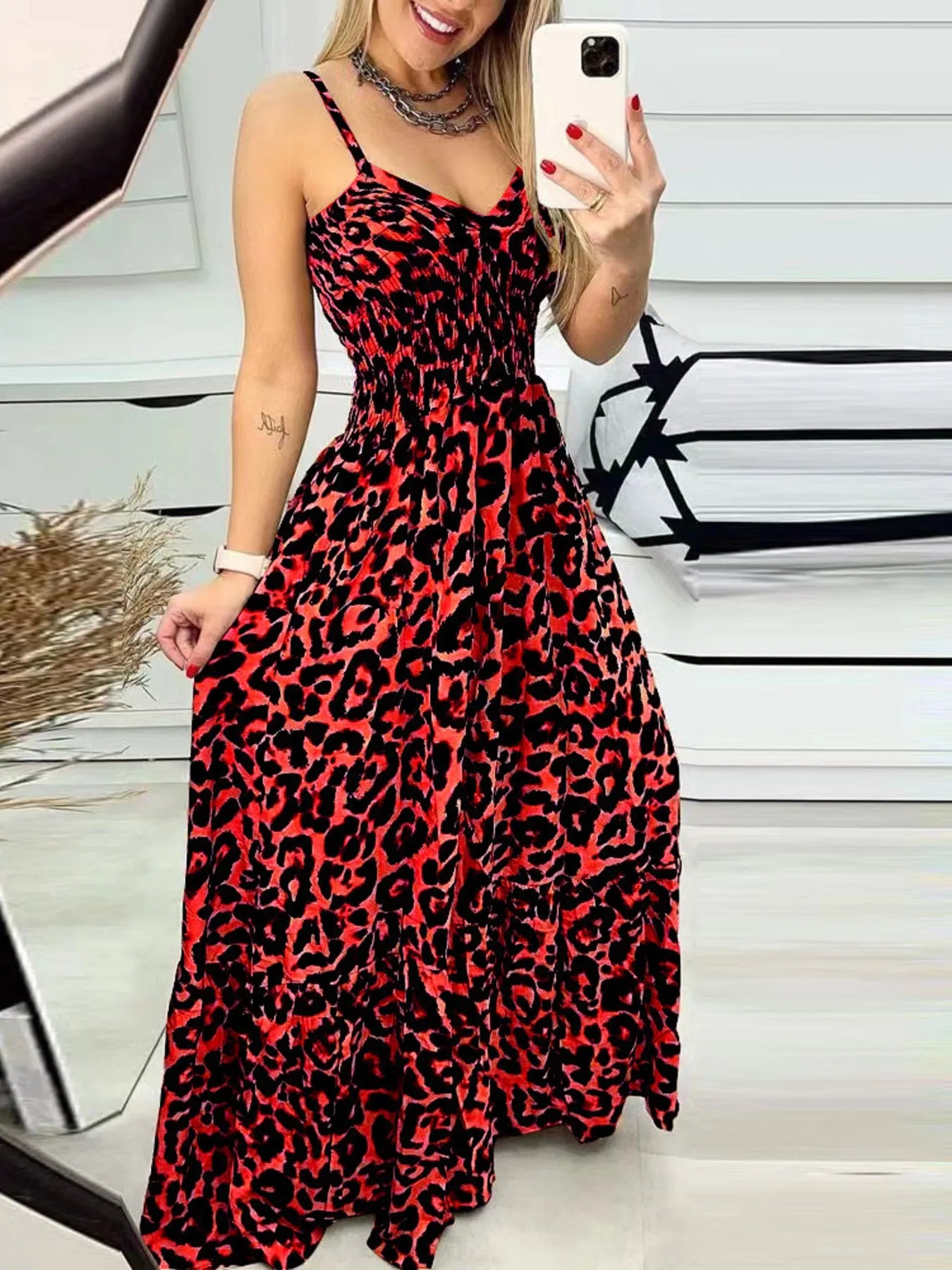 Full Size Leopard Print Spaghetti Strap Maxi Dress Plus Size Scarlet
