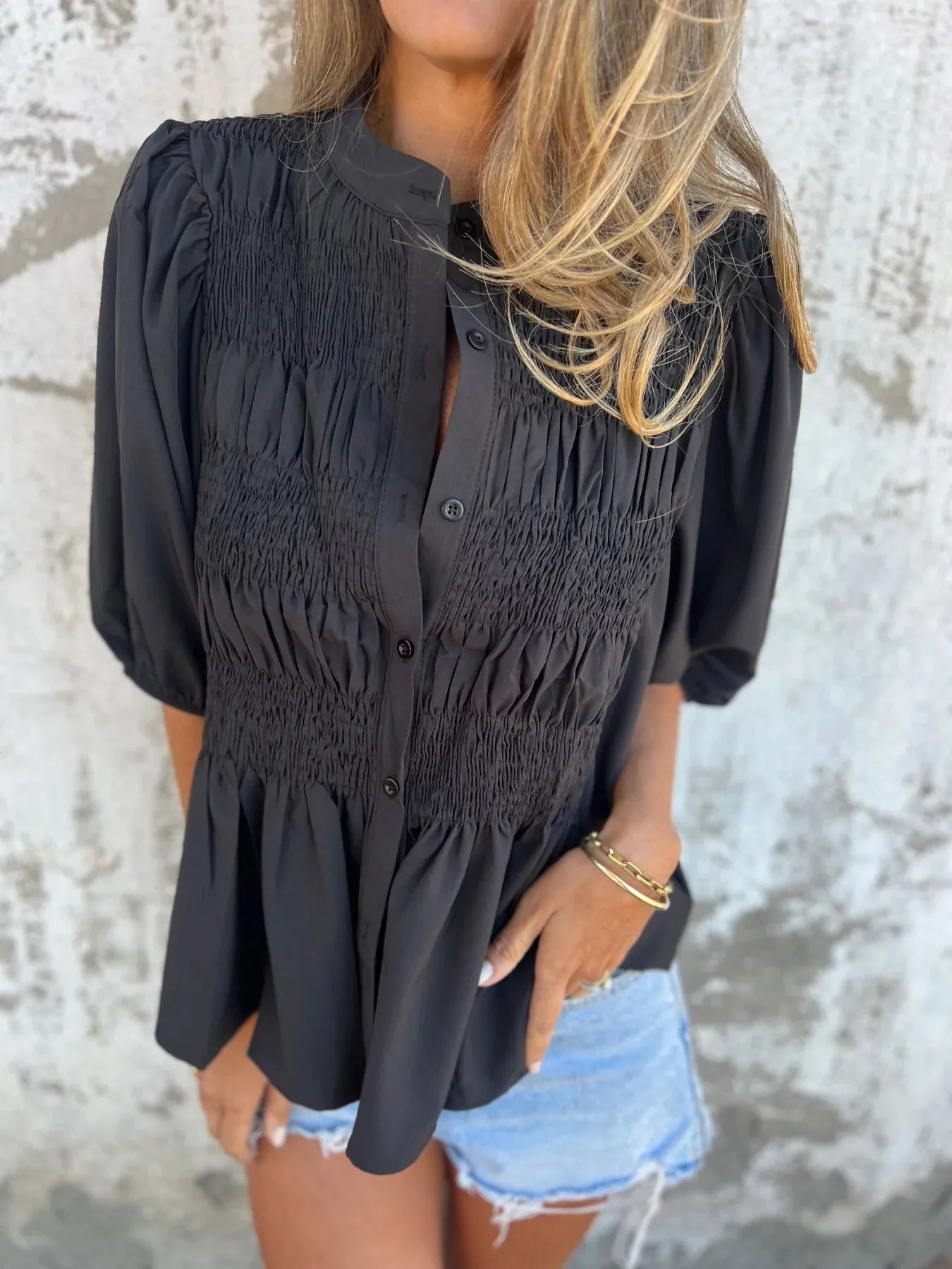 Full Size Smocked Button Front Puff Sleeve Shirt Plus Size