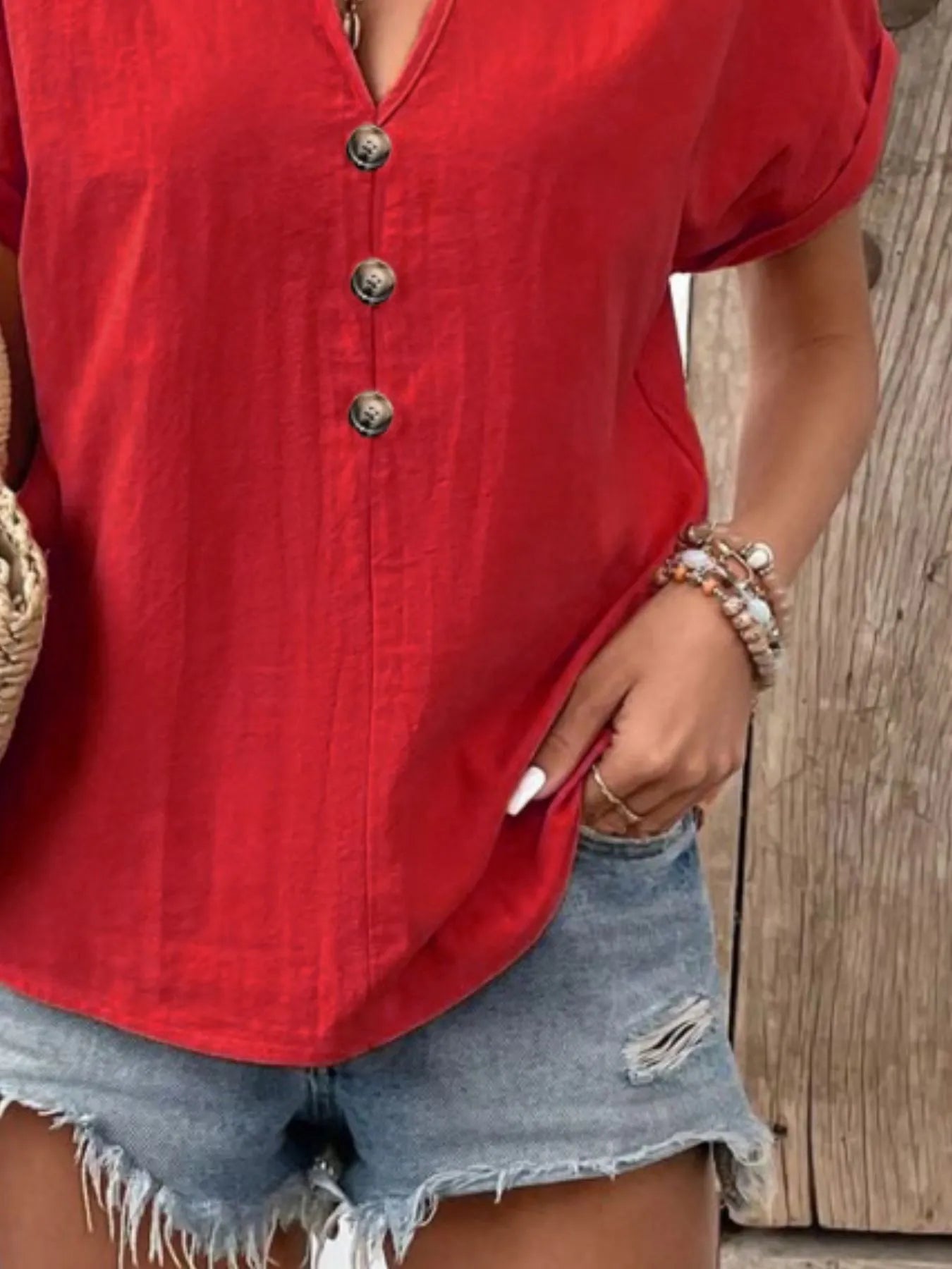 Full Size Notched Short Sleeve Top Plus Size