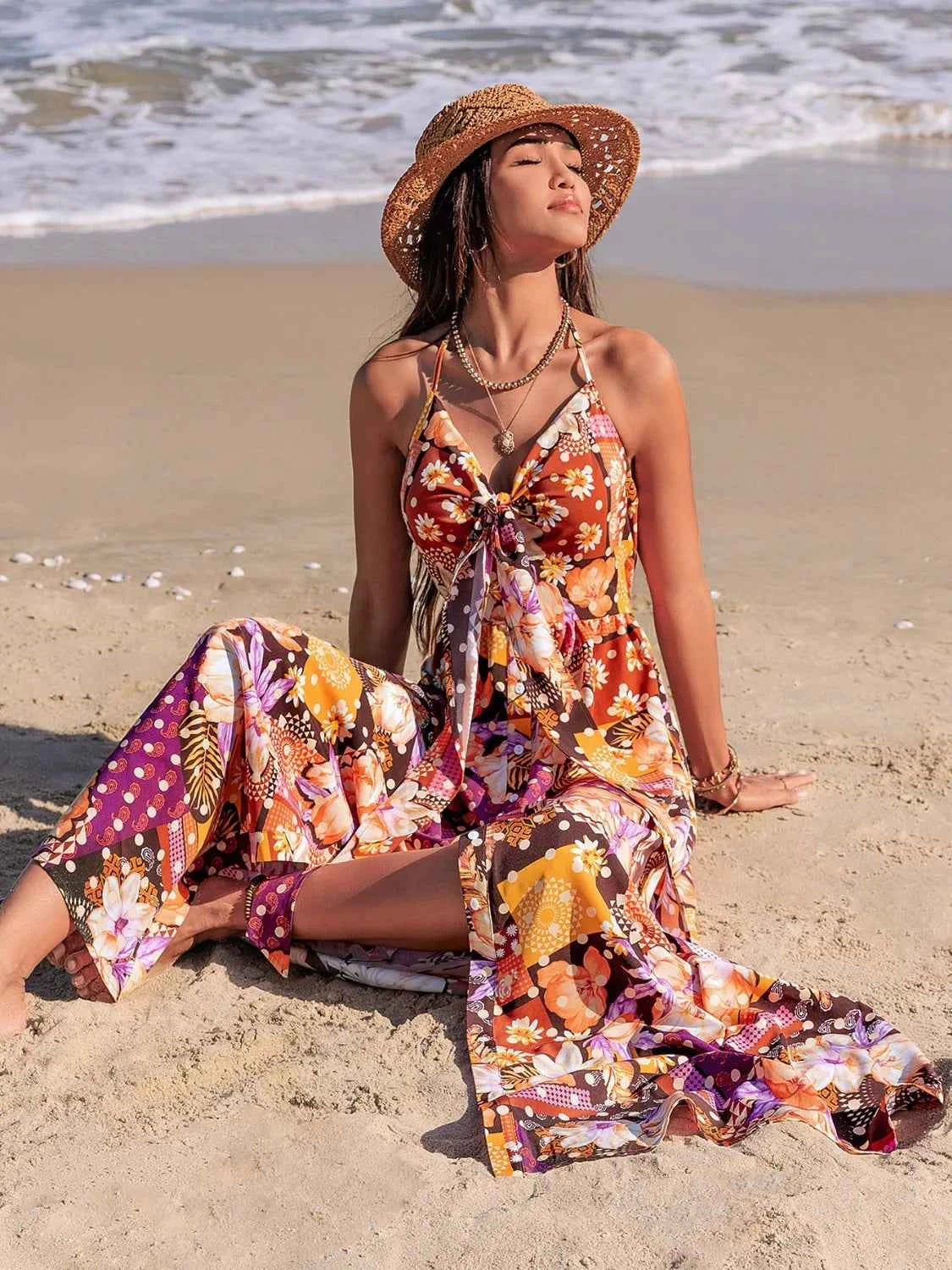 Slit Printed Halter Neck Cami Dress