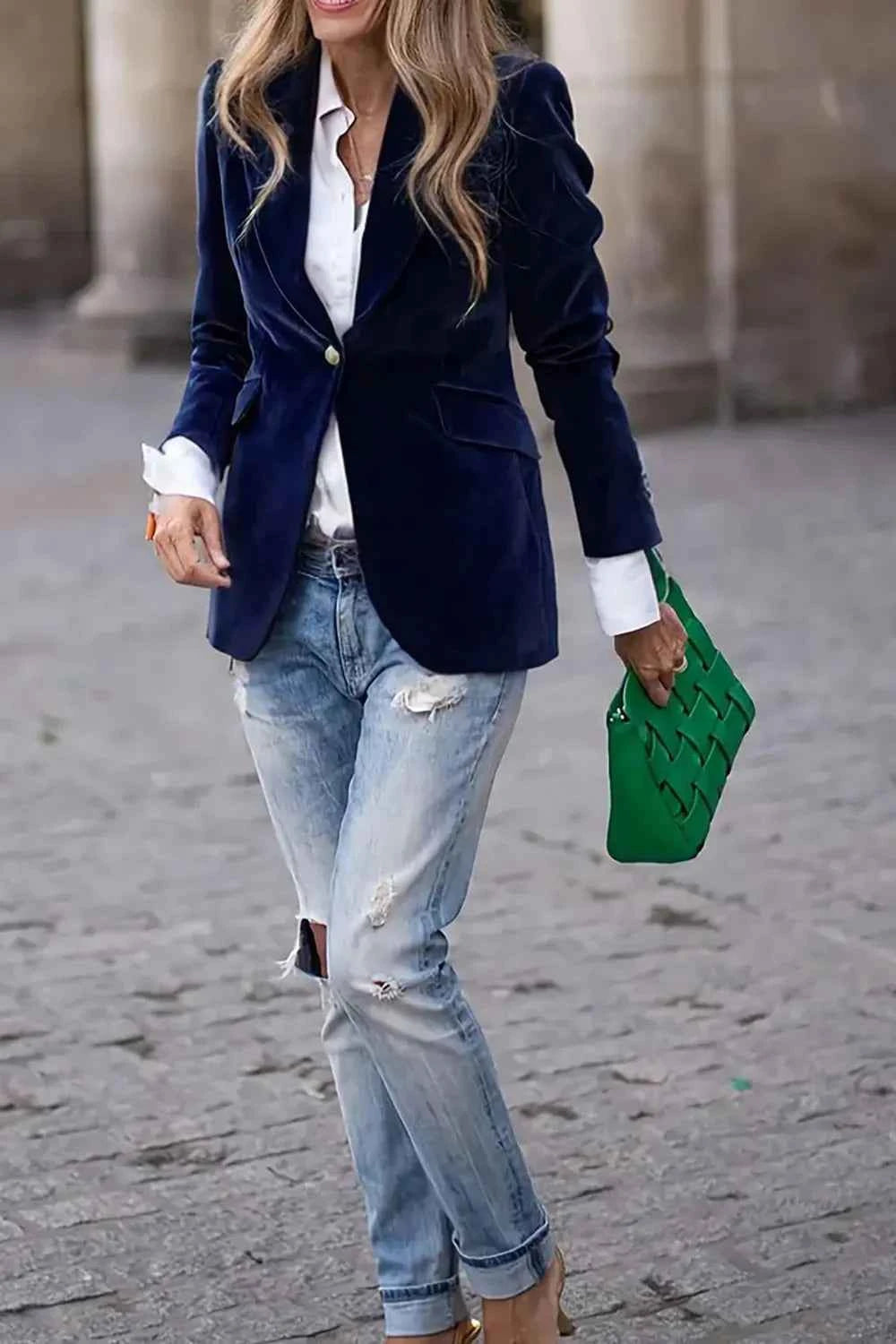 One Button Lapel Collar Long Sleeve Blazer