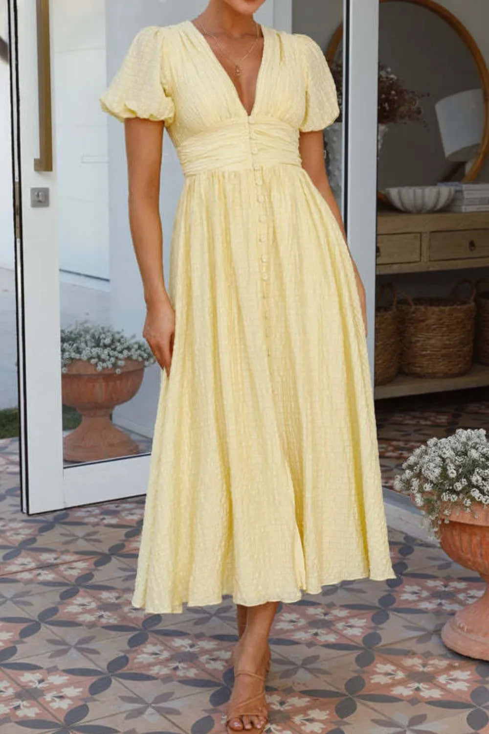 V-Neck Puff Short Sleeve Midi Dress Pastel Yellow