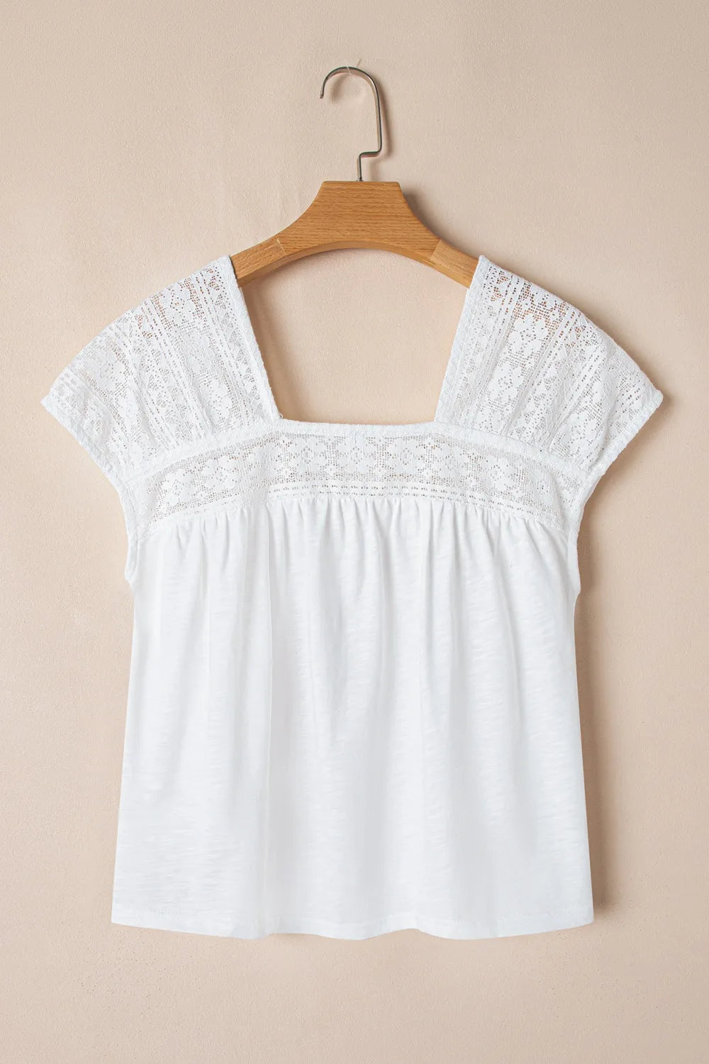 Hollowed Lace Patchwork Square Neck Short Sleeve Blouse