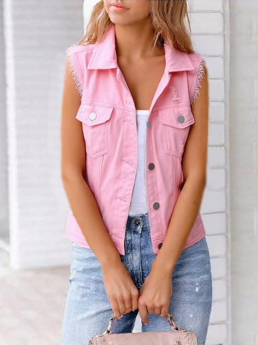 Full Size Sleeveless Frayed Denim Vest Jacket Plus Size Blush Pink