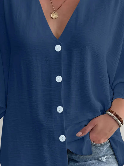 Full Size V-Neck Button Down Shirt Plus Size Navy
