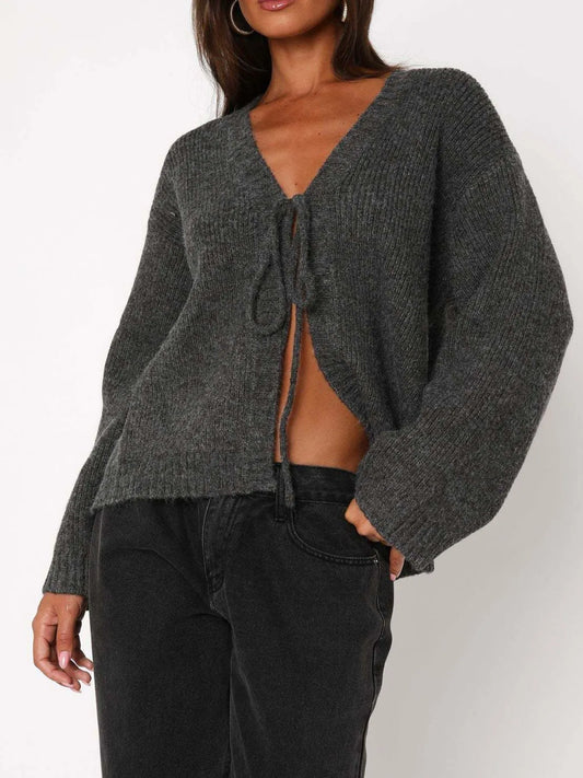 Open Front Tied Sweater Cardigan Dark Gray