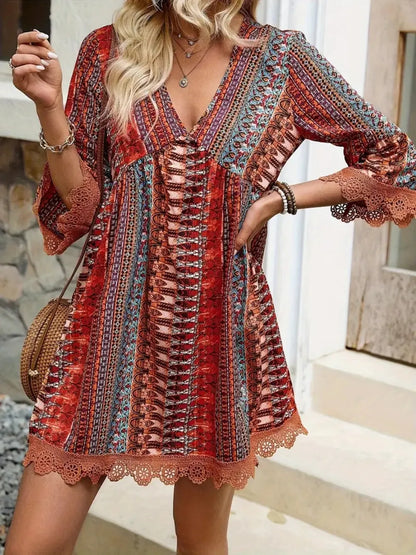 Lace Trim Printed V-Neck 3/4 Sleeve Dress Rust