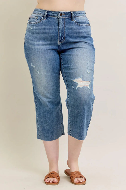 Judy Blue Plus Size High Waist Back Destroy & Raw Cut Hem Crop Wide Medium