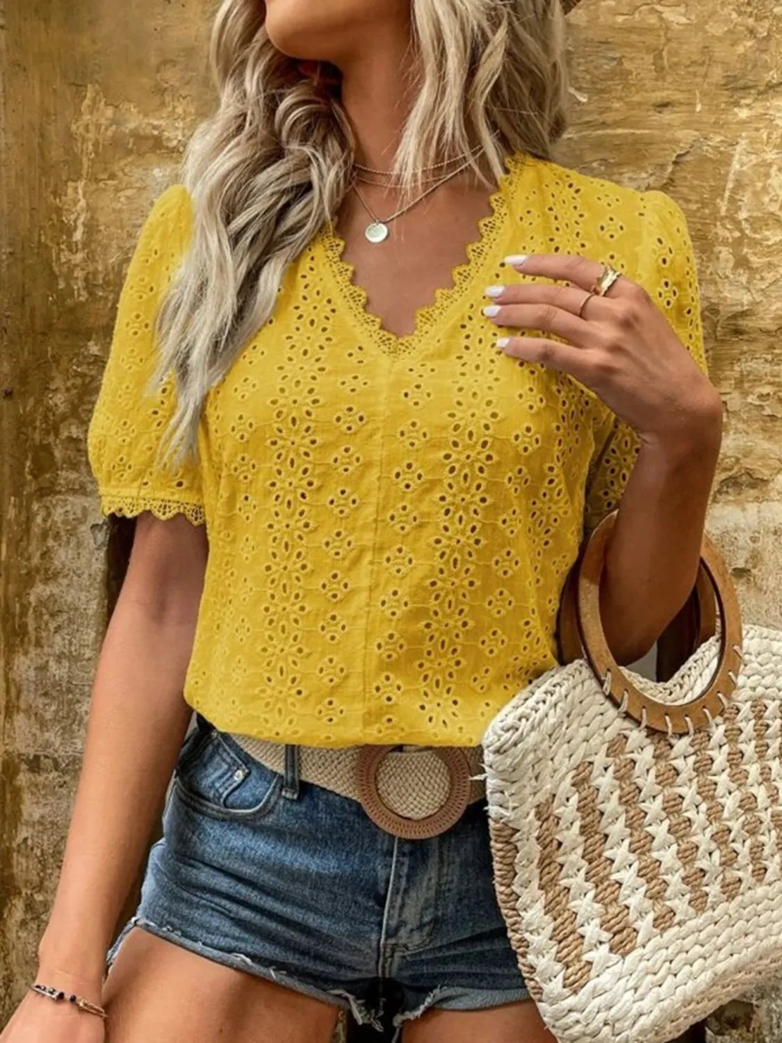 Full Size Lace Detail Eyelet V-Neck Short Sleeve Blouse Plus Size Gold