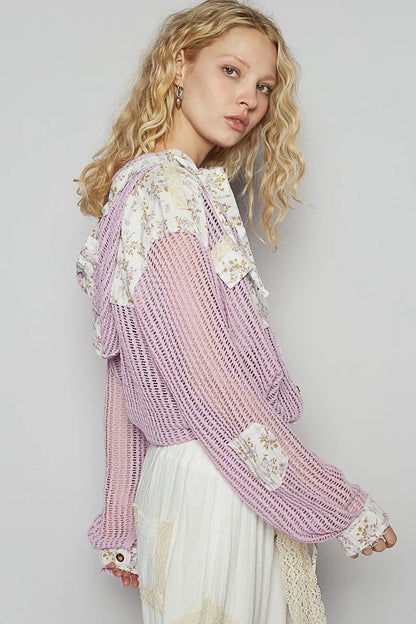 POL Vintage Washed Crochet Hoodie Jacket With Patchwork
