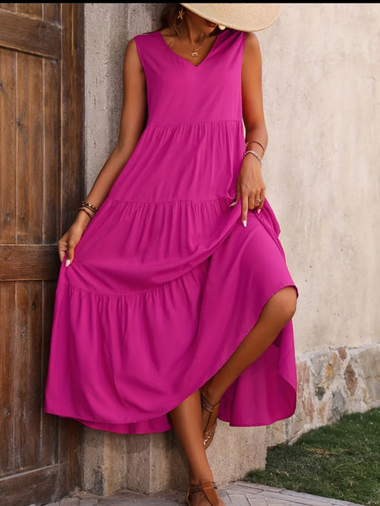 Tiered V-Neck Sleeveless Dress Hot Pink