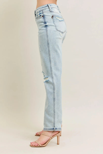 Judy Blue Full Size Mr Repair Stitch Detail Destroy Single Cuff Bf Jeans Plus Size