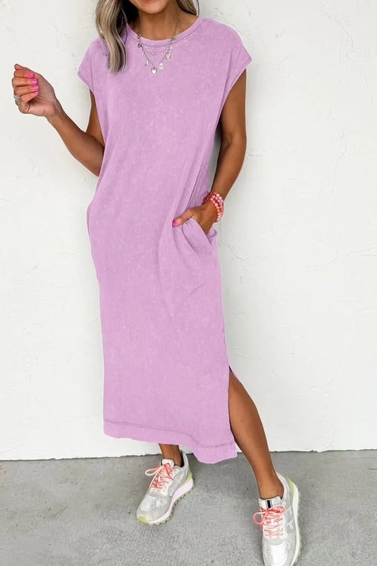 Side Split Round Neck Cap Sleeve T-Shirt Dress Pink Purple