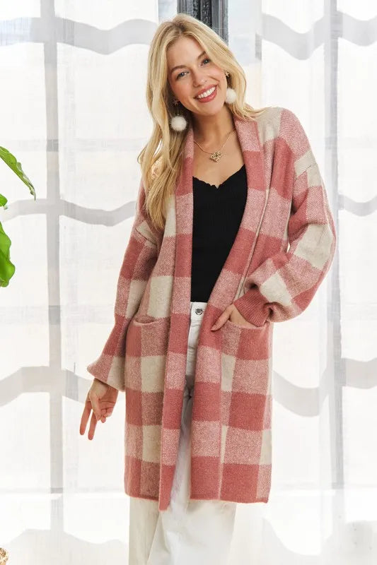 ADORA Full Size Checker Sweater Cardigan Plus Size MAUVE