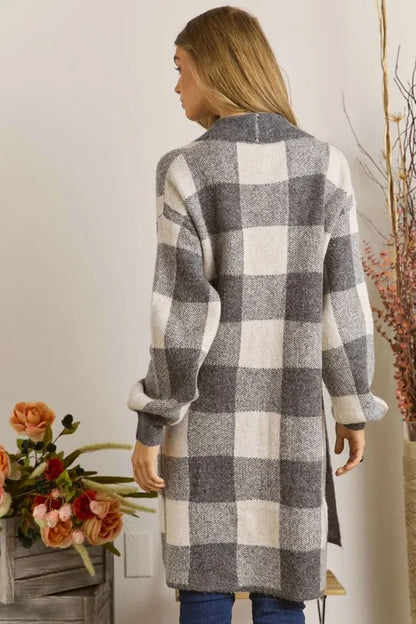 ADORA Full Size Checker Sweater Cardigan Plus Size