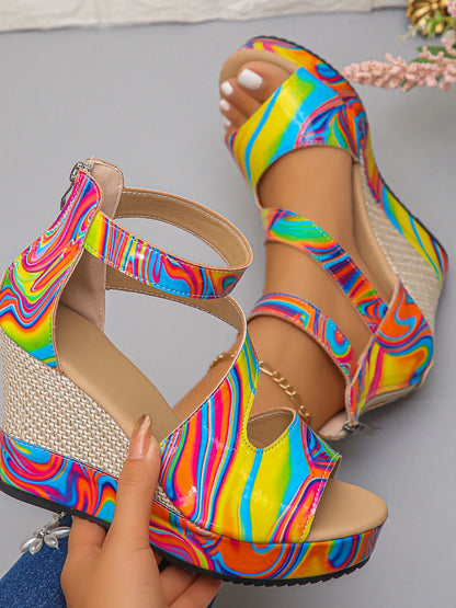 Rainbow Swirl Platform Wedge Sandals Color