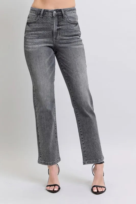 Judy Blue Full Size High Waist Rhinestone Straight Jeans Plus Size GRY