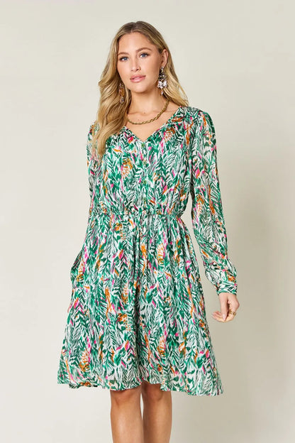 Double Take Full Size Printed Drawstring Waist Long Sleeve Dress Turquoise
