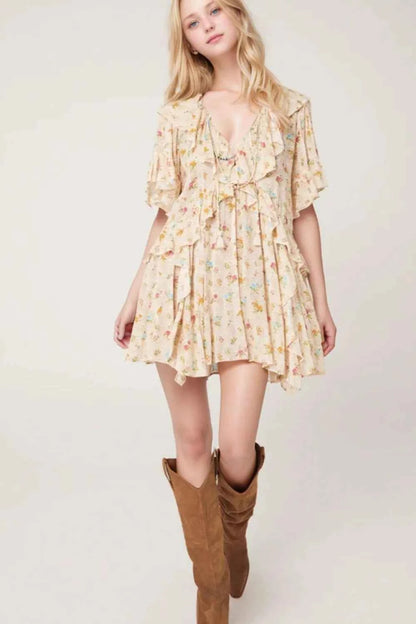 Boho Floral Tassel Tie V Neck Ruffle Wide Sleeve Mini Dress