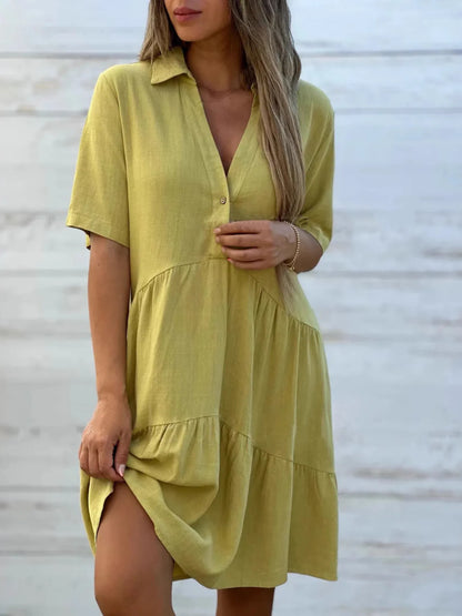 Full Size Tiered Button-Front Short Sleeve Dress Plus Size Yellow