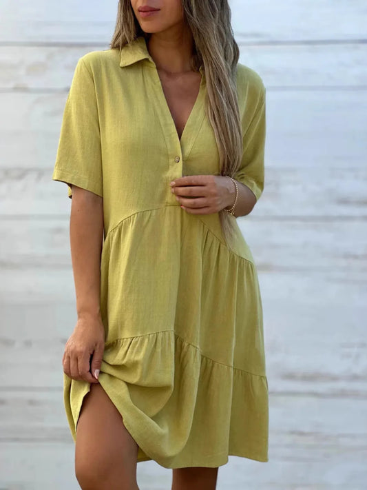 Full Size Tiered Button-Front Short Sleeve Dress Plus Size Yellow