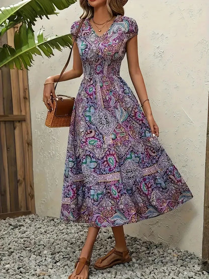 Plus Size Printed V-Neck Short Sleeve Midi Dress Violet