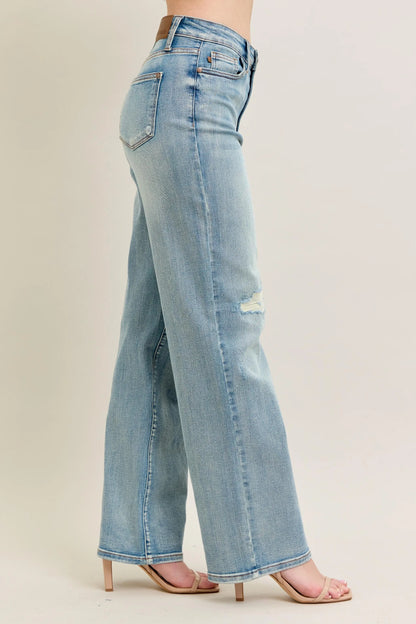 Judy Blue Full Size Hw Destroy & Knee Patch Straight Jeans Plus Size