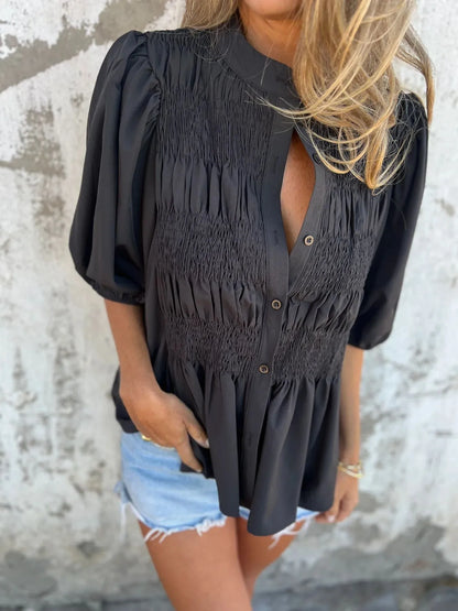 Full Size Smocked Button Front Puff Sleeve Shirt Plus Size