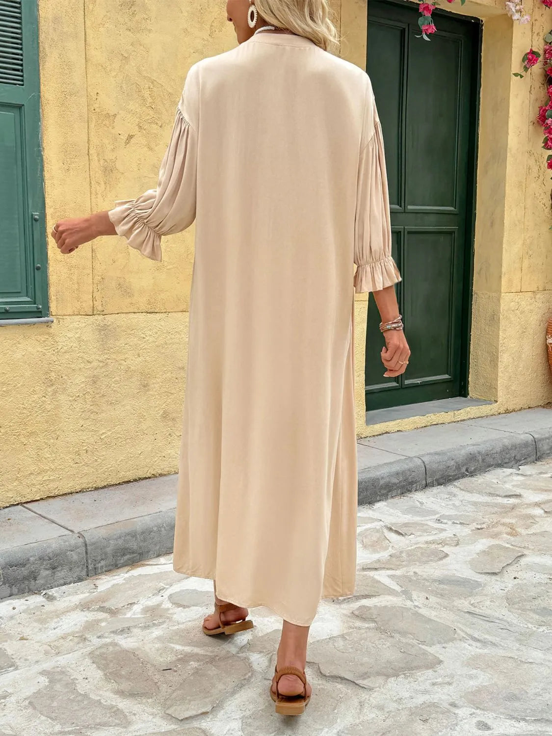 Button Front Flounce Sleeve Dress