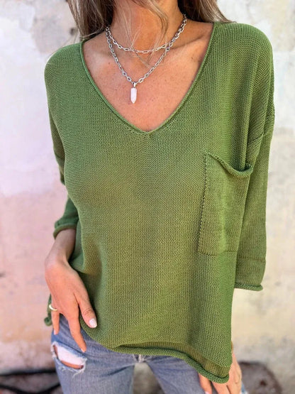 Full Size Casual V-Neck Knit Sweater Plus Size Matcha Green