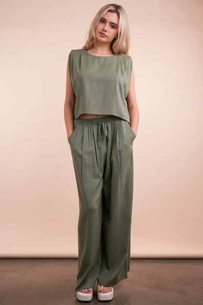 VERY J Solid Woven Top & Pants Set Olive