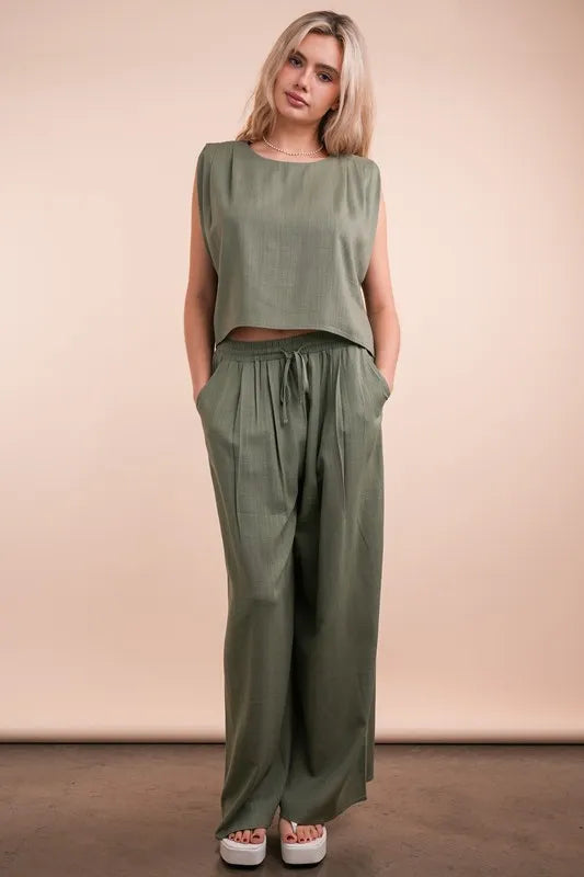 VERY J Solid Woven Top & Pants Set Olive