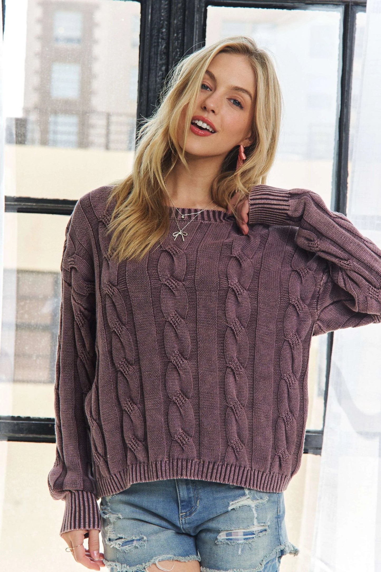 ADORA Mineral Washed Cable Knit Sweater Top PLUM