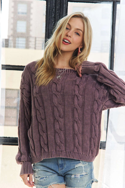ADORA Mineral Washed Cable Knit Sweater Top PLUM