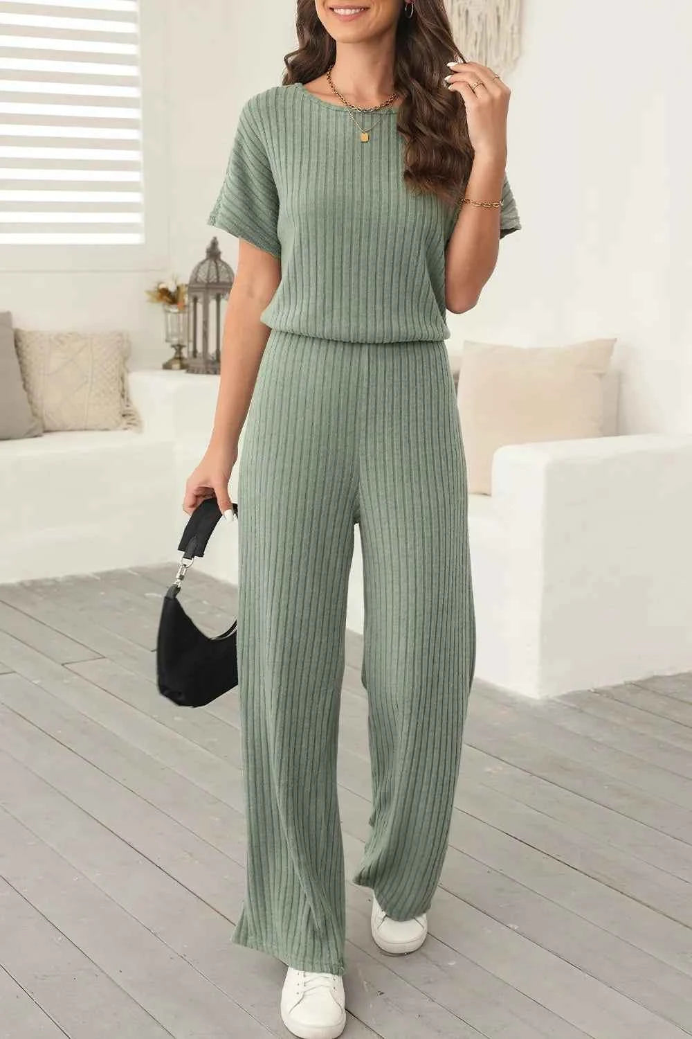 Ribbed Short Sleeve Wide Leg Jumpsuit Sage