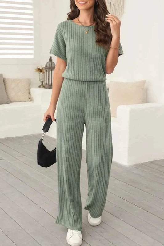 Ribbed Short Sleeve Wide Leg Jumpsuit Sage