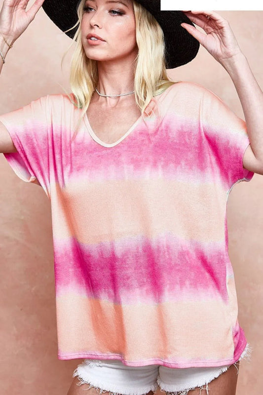 BiBi Tiedye Printed Hacci Knit Top PEACH FUCHSIA