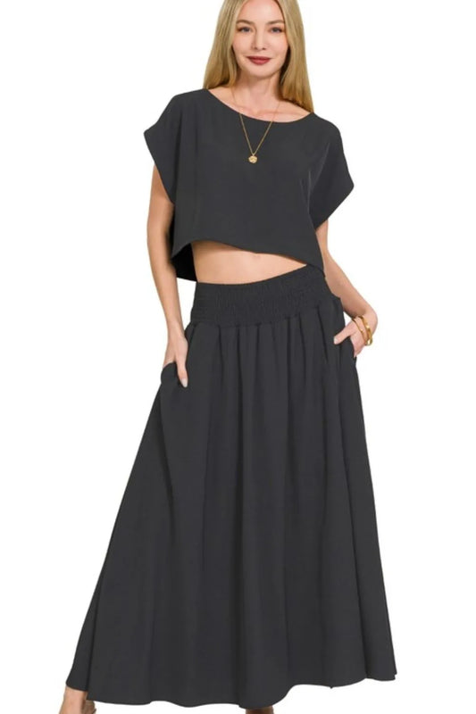 Zenana Heavy Woven Span Crop Tee & Skirt Set BLACK