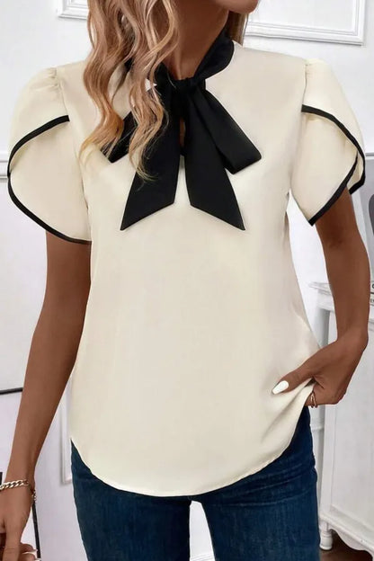 Bow Tie Contrast Short Sleeve Blouse
