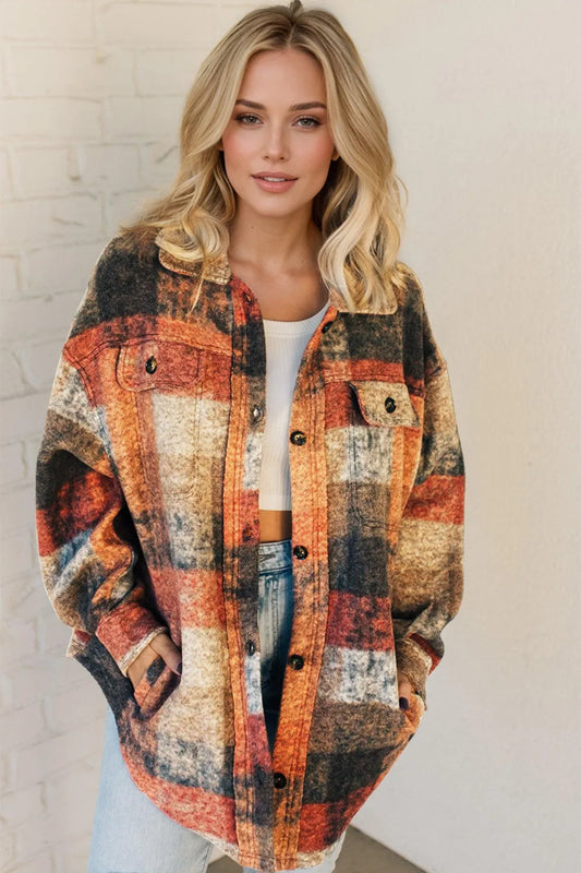 Double Take Button Up Plaid Fleece Shacket with Pockets Multicolor