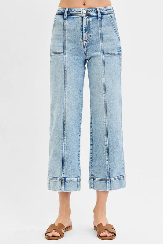 RISEN Full Size High Rise Crop Wide Front Seam Detailed Jeans Plus Size LIGHT