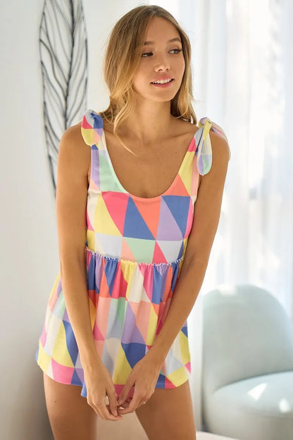 BiBi Multi Color Block Brushed Tied Ribbon Shoulder Top