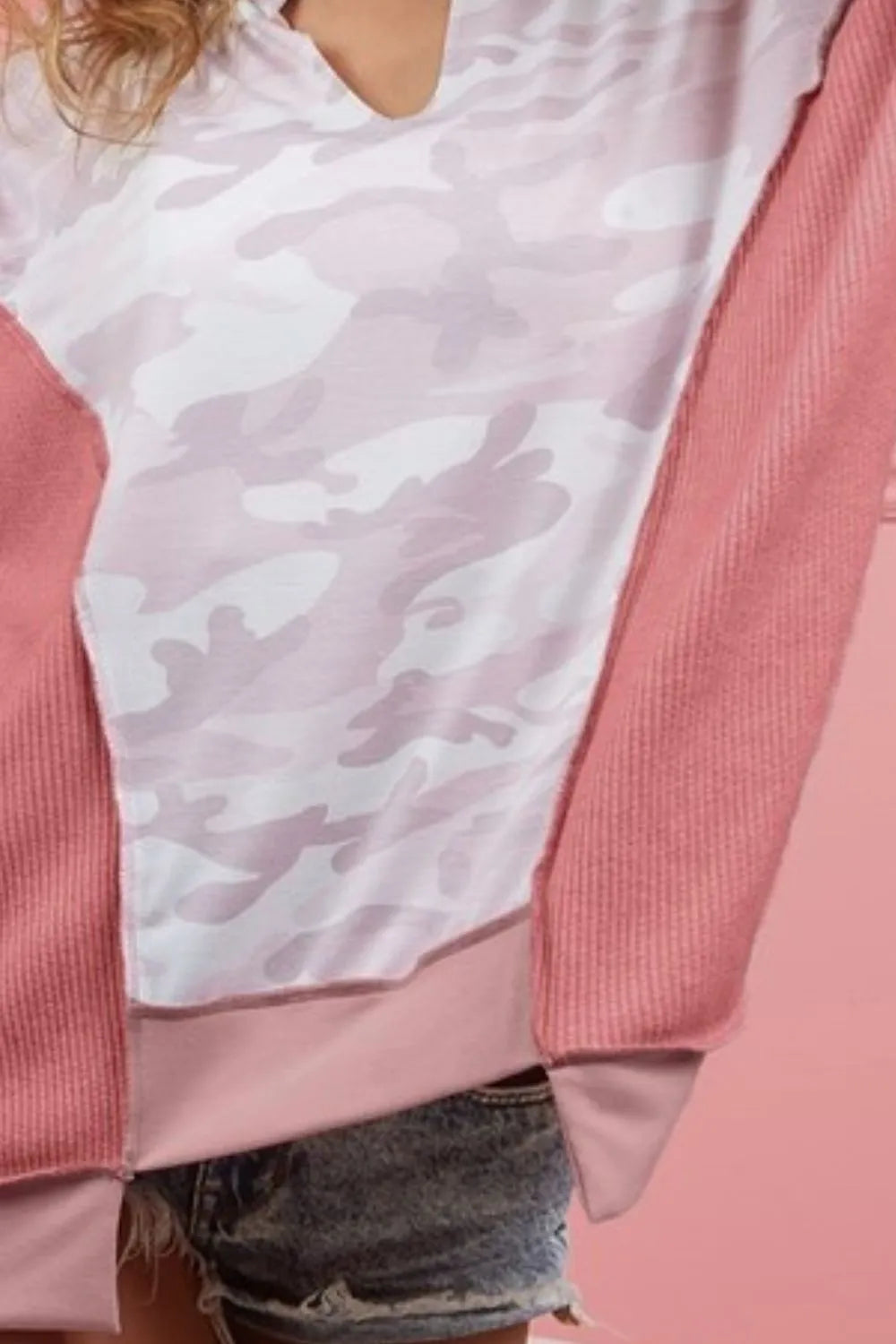 BiBi Camo Printed French Terry Knit Color Block Top