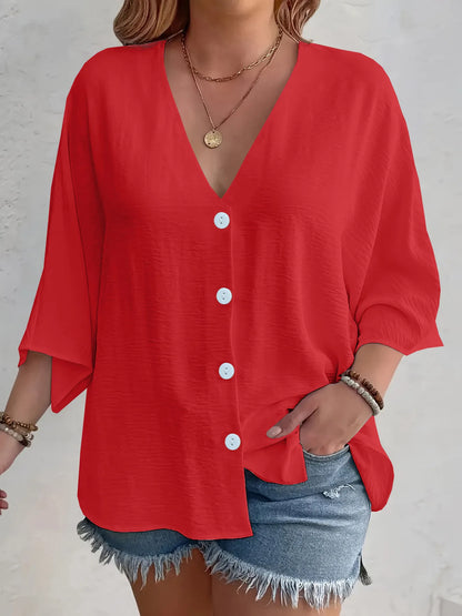 Full Size V-Neck Button Down Shirt Plus Size Red