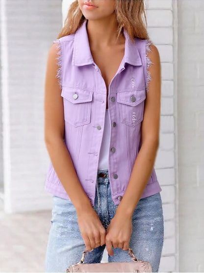 Full Size Sleeveless Frayed Denim Vest Jacket Plus Size Lavender