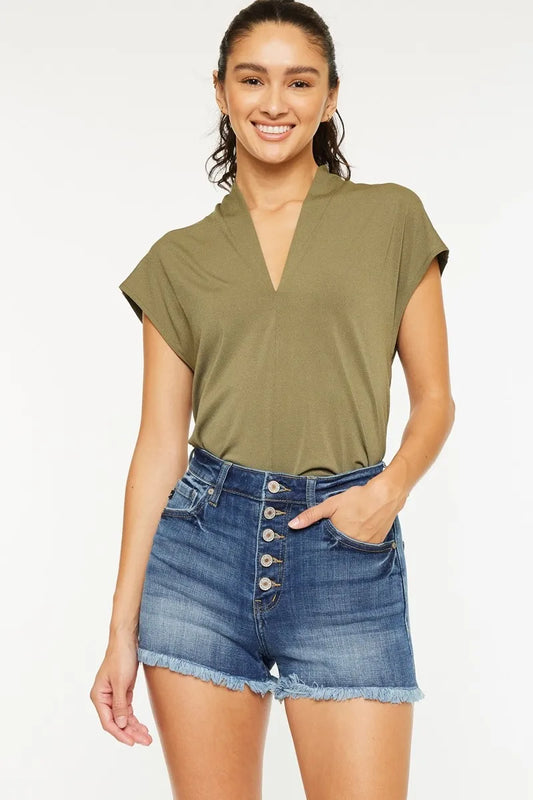 Kancan High Rise Frayed Hem Denim Shorts MEDIUM
