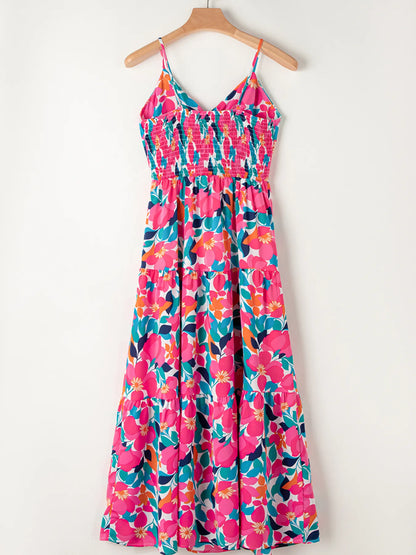 Floral Twisted Smocked Back Tiered Maxi Dress