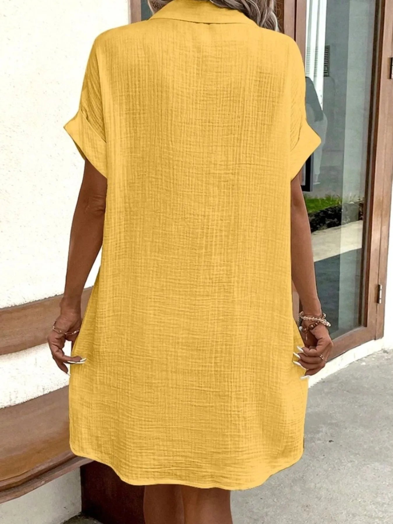 Casual Button Down Cotton Shirt Dress with Pockets