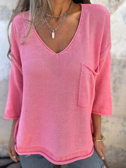 Full Size Casual V-Neck Knit Sweater Plus Size