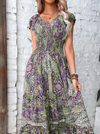 Plus Size Printed V-Neck Short Sleeve Midi Dress